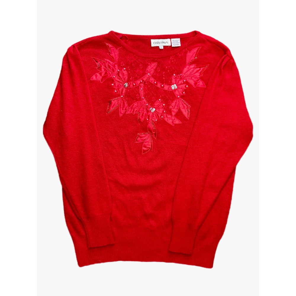 Cristina‎ Women's Red Beaded Sequin Holiday Crew Neck Sweater Size Large Vintage